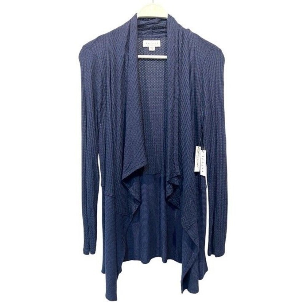 Velvet by Graham & Spencer Cardigan Womens Small Blue‎ Waffle Knit Waterfall NEW